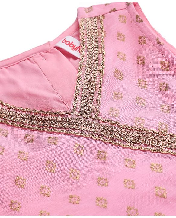 Babyhug Woven Sleeveless Floral Printed Kurta Gharara & Dupatta with Lace Detailing - Pink