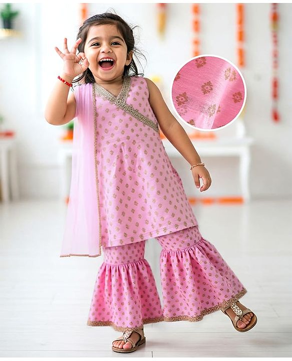 Babyhug Woven Sleeveless Floral Printed Kurta Gharara & Dupatta with Lace Detailing - Pink