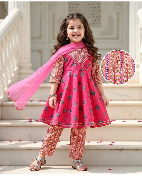 Babyhug Cotton Woven Three Fourth Sleeves  Floral Printed  Anarkali & Dupatta Suit Set - Dark Pink