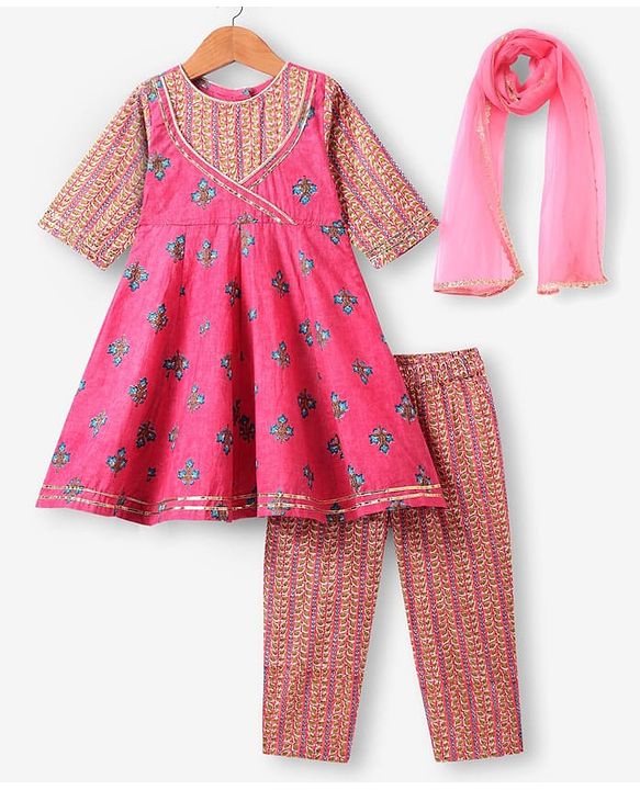 Babyhug Cotton Woven Three Fourth Sleeves  Floral Printed  Anarkali & Dupatta Suit Set - Dark Pink
