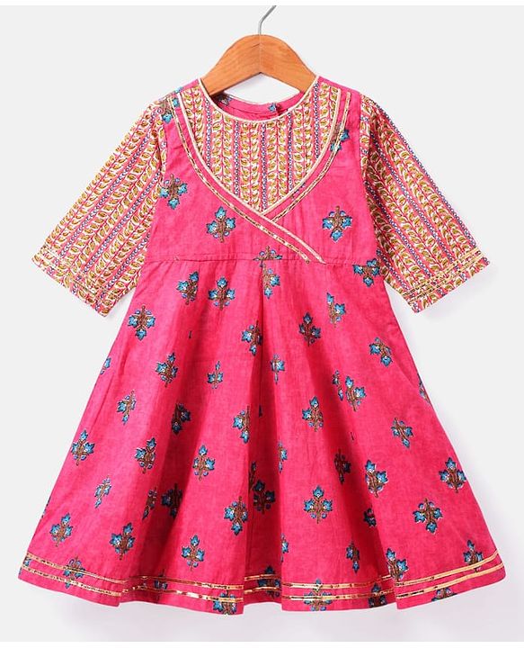 Babyhug Cotton Woven Three Fourth Sleeves  Floral Printed  Anarkali & Dupatta Suit Set - Dark Pink