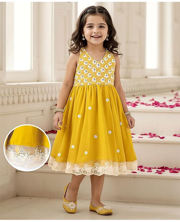 Babyhug Woven Sleeveless Floral Embroidered Ethnic Dress - Yellow