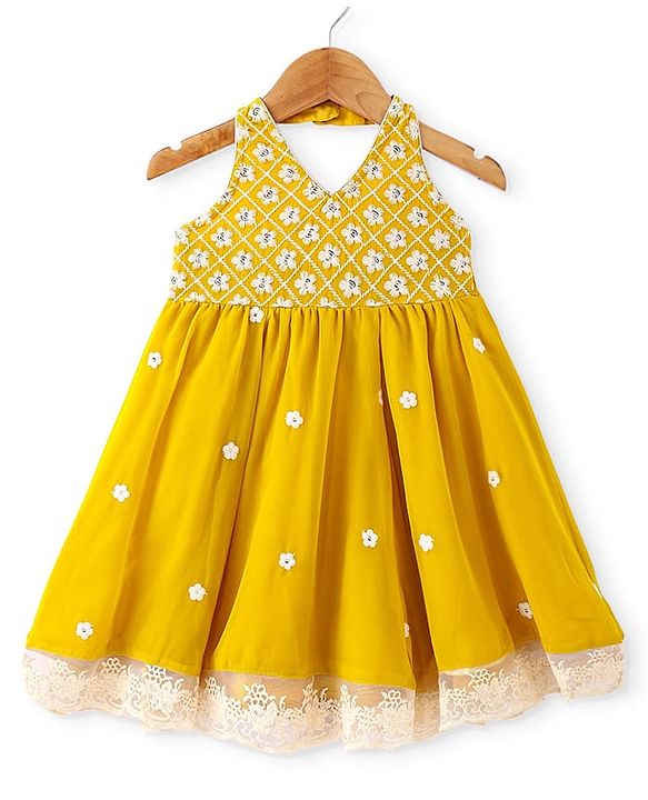 Babyhug Woven Sleeveless Floral Embroidered Ethnic Dress - Yellow