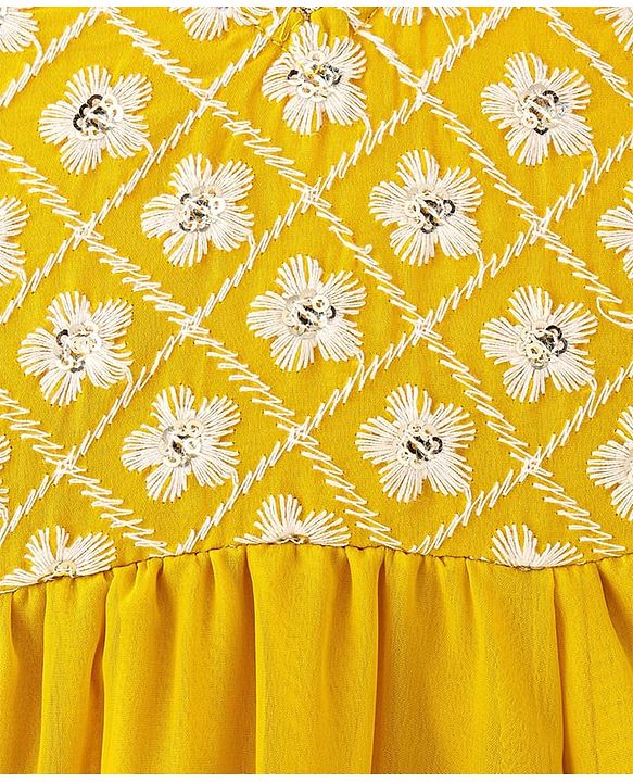 Babyhug Woven Sleeveless Floral Embroidered Ethnic Dress - Yellow
