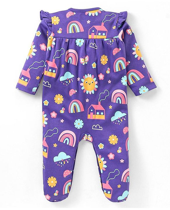 Babyhug Cotton Knit Full Sleeves Sleepsuit With Rainbow Print = Purple