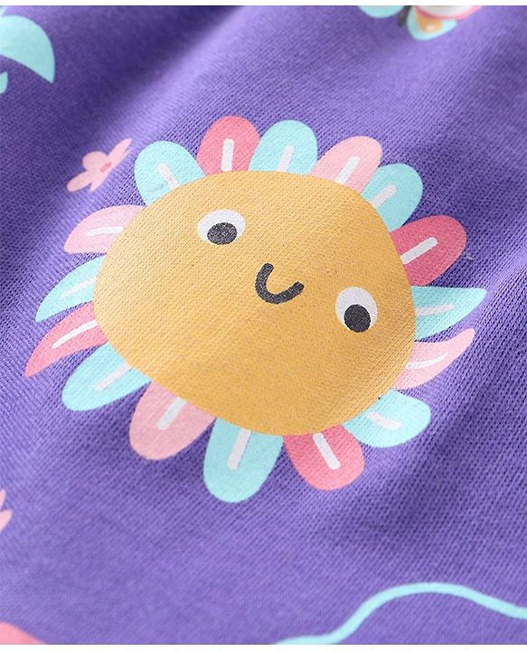 Babyhug Cotton Knit Full Sleeves Sleepsuit With Rainbow Print = Purple