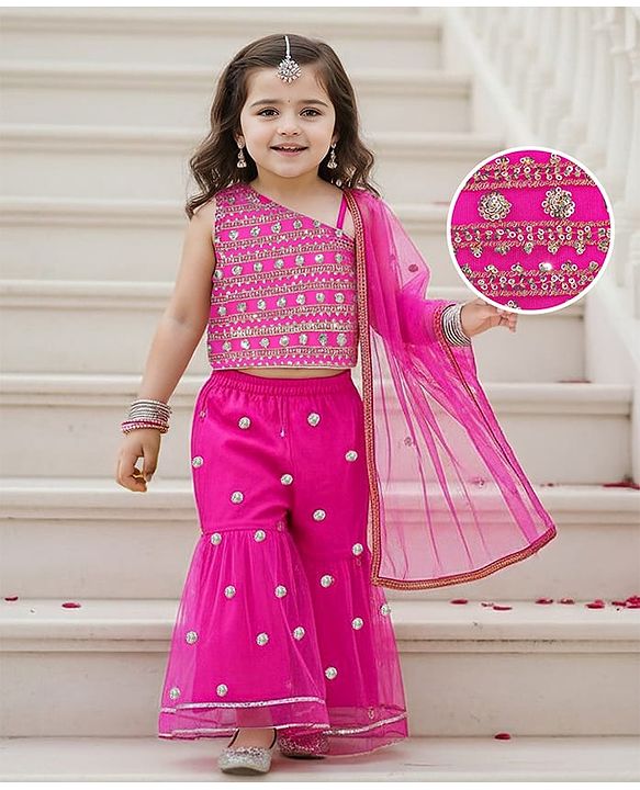 Babyhug Woven Sleeveless Sequin Embroidered One Shoulder Top With Palazzo & Dupatta- Fuschia