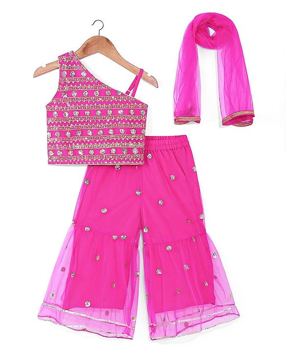 Babyhug Woven Sleeveless Sequin Embroidered One Shoulder Top With Palazzo & Dupatta- Fuschia