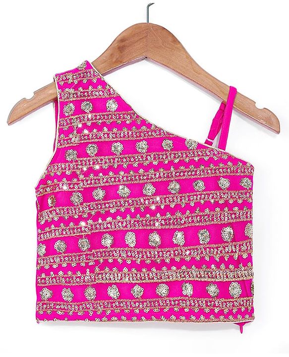 Babyhug Woven Sleeveless Sequin Embroidered One Shoulder Top With Palazzo & Dupatta- Fuschia