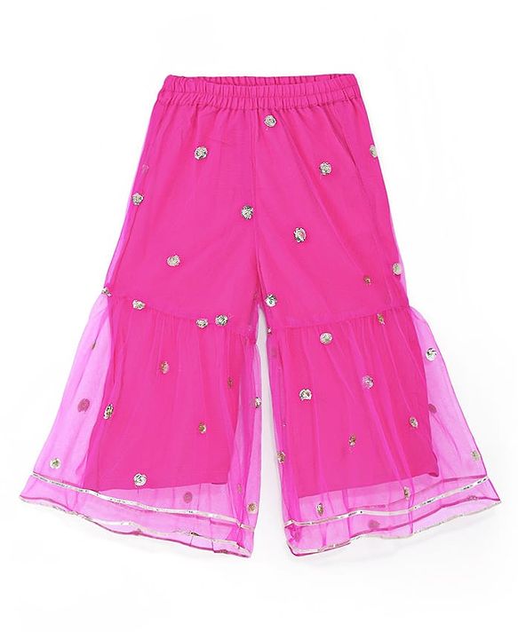Babyhug Woven Sleeveless Sequin Embroidered One Shoulder Top With Palazzo & Dupatta- Fuschia