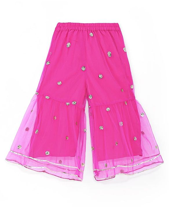 Babyhug Woven Sleeveless Sequin Embroidered One Shoulder Top With Palazzo & Dupatta- Fuschia