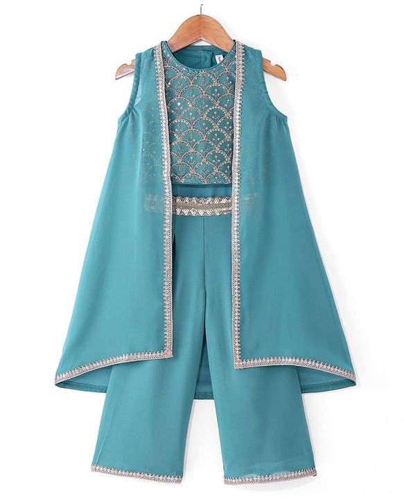 Babyhug Georgette Woven Sleeveless Sequinned Floral Embroidered Top & Palazzo Set with Lace Detailed  Shrug -  Teal Blue