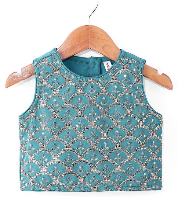 Babyhug Georgette Woven Sleeveless Sequinned Floral Embroidered Top & Palazzo Set with Lace Detailed  Shrug -  Teal Blue
