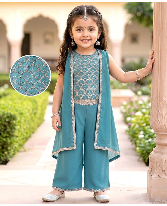 Babyhug Georgette Woven Sleeveless Sequinned Floral Embroidered Top & Palazzo Set with Lace Detailed  Shrug -  Teal Blue