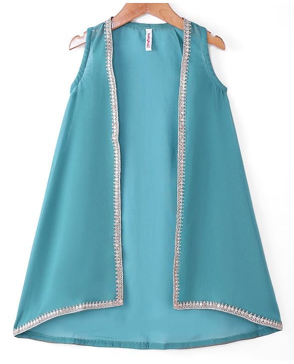 Babyhug Georgette Woven Sleeveless Sequinned Floral Embroidered Top & Palazzo Set with Lace Detailed  Shrug -  Teal Blue