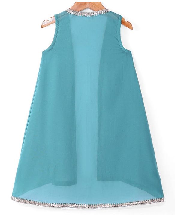 Babyhug Georgette Woven Sleeveless Sequinned Floral Embroidered Top & Palazzo Set with Lace Detailed  Shrug -  Teal Blue