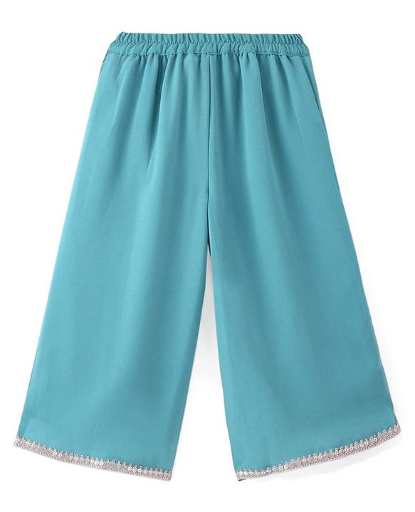 Babyhug Georgette Woven Sleeveless Sequinned Floral Embroidered Top & Palazzo Set with Lace Detailed  Shrug -  Teal Blue