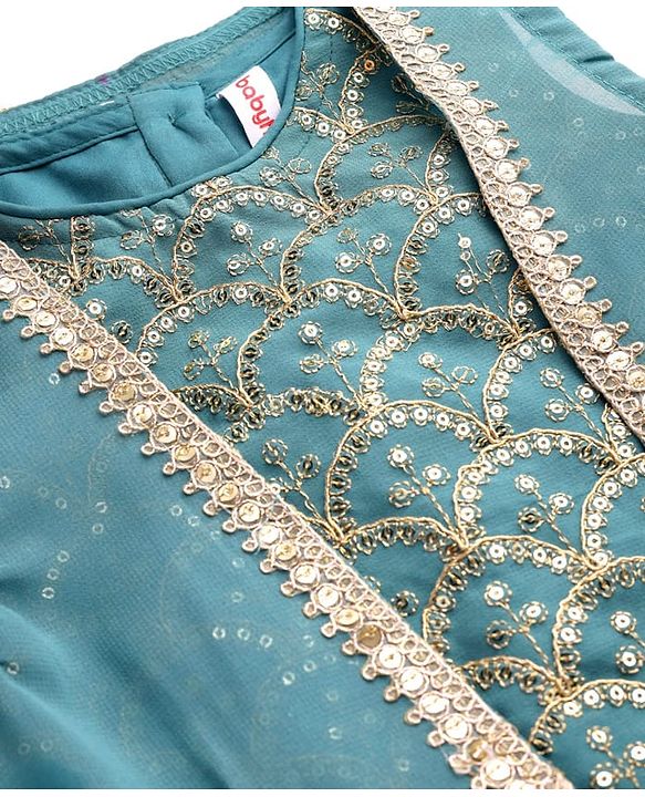 Babyhug Georgette Woven Sleeveless Sequinned Floral Embroidered Top & Palazzo Set with Lace Detailed  Shrug -  Teal Blue