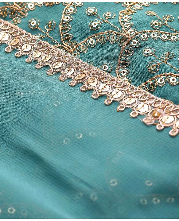 Babyhug Georgette Woven Sleeveless Sequinned Floral Embroidered Top & Palazzo Set with Lace Detailed  Shrug -  Teal Blue