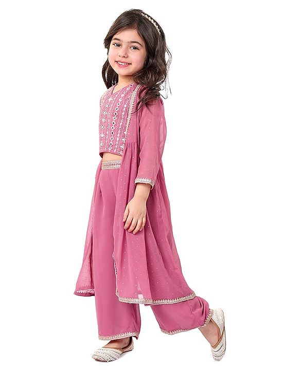 Babyhug Woven Three Fourth Sleeves Embroidered Top & Palazzo Set with Shrug Foil Embroidery - Rose Gold