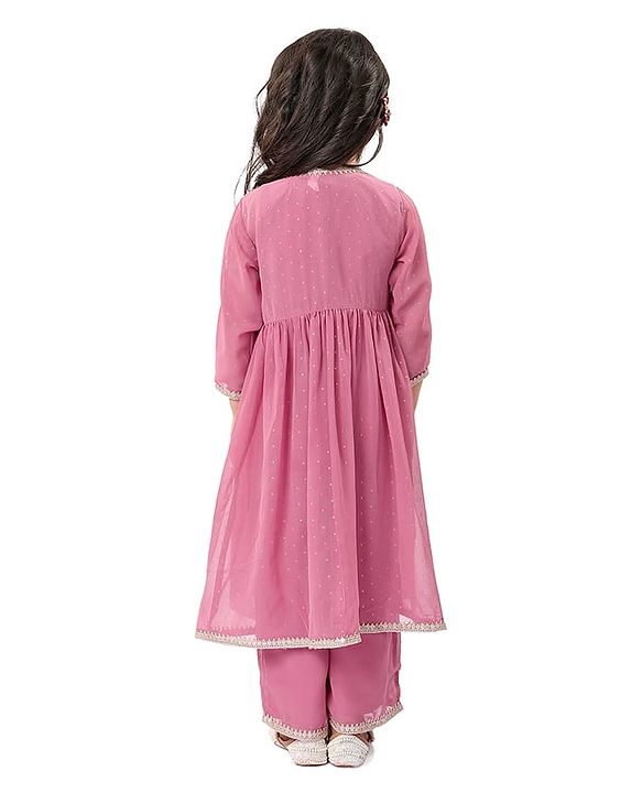 Babyhug Woven Three Fourth Sleeves Embroidered Top & Palazzo Set with Shrug Foil Embroidery - Rose Gold