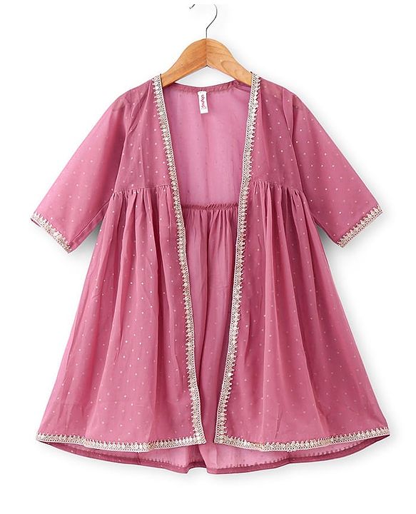 Babyhug Woven Three Fourth Sleeves Embroidered Top & Palazzo Set with Shrug Foil Embroidery - Rose Gold