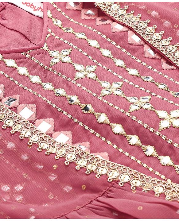 Babyhug Woven Three Fourth Sleeves Embroidered Top & Palazzo Set with Shrug Foil Embroidery - Rose Gold