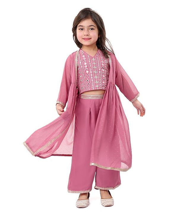 Babyhug Woven Three Fourth Sleeves Embroidered Top & Palazzo Set with Shrug Foil Embroidery - Rose Gold