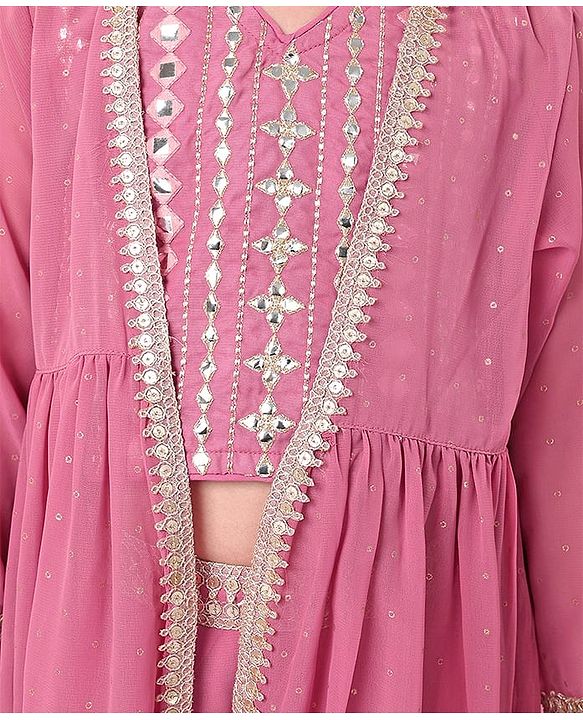 Babyhug Woven Three Fourth Sleeves Embroidered Top & Palazzo Set with Shrug Foil Embroidery - Rose Gold