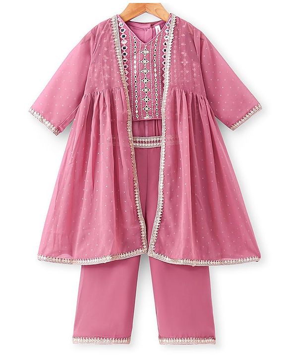 Babyhug Woven Three Fourth Sleeves Embroidered Top & Palazzo Set with Shrug Foil Embroidery - Rose Gold