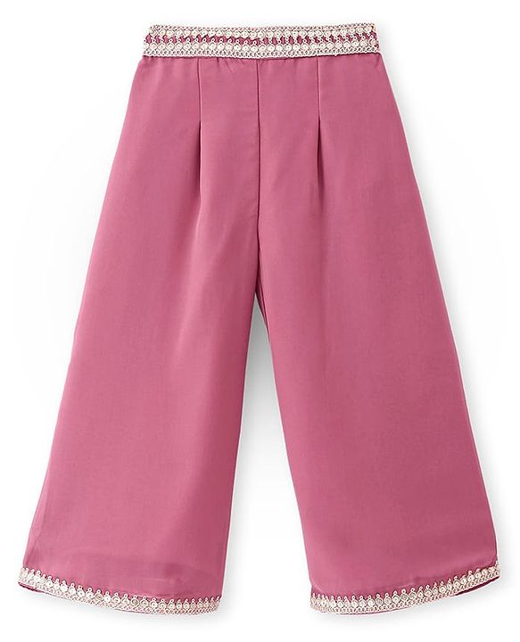 Babyhug Woven Three Fourth Sleeves Embroidered Top & Palazzo Set with Shrug Foil Embroidery - Rose Gold