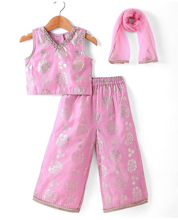 Babyhug Sleeveless Sequinned  Embroidered Top with Sharara & Dupatta Indowestern Set - Pink