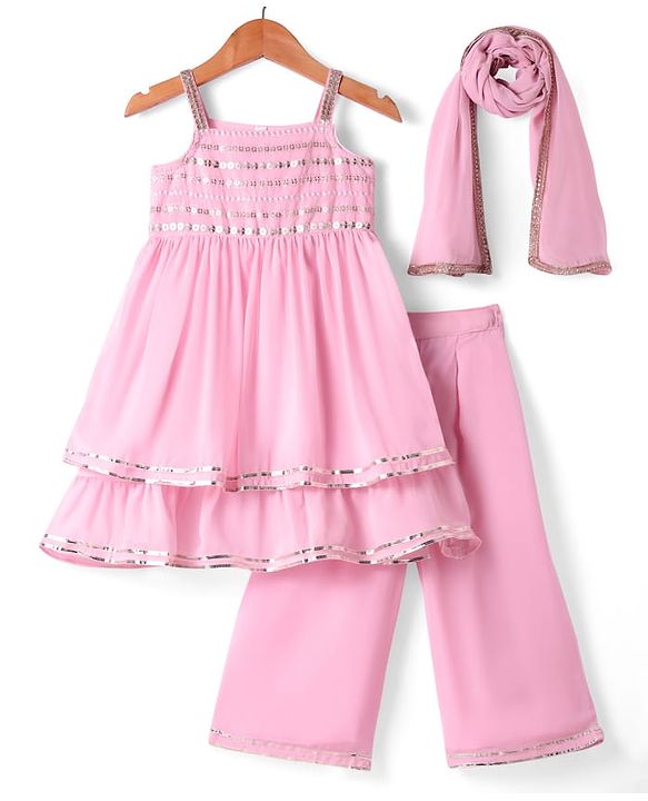 Babyhug Georgette Woven Singlet Sleeves Sequin Embroidered Kurti Palazzo Set with Dupatta - Pink
