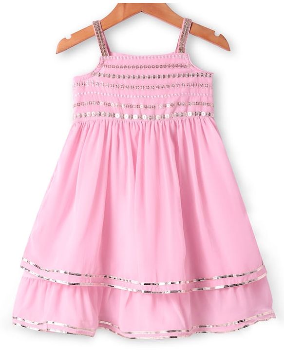 Babyhug Georgette Woven Singlet Sleeves Sequin Embroidered Kurti Palazzo Set with Dupatta - Pink