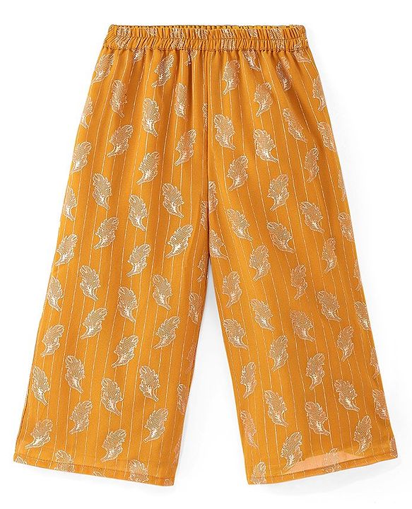 Babyhug Georgette Woven Full Sleeves Leaves Printed Sequined Embroidered  Top & Palazzo Set with Dupatta - Mustard