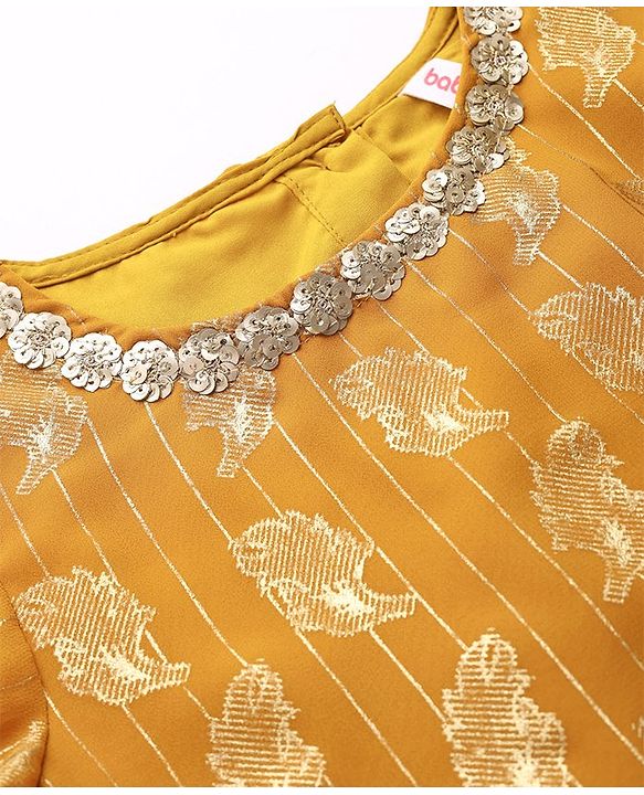 Babyhug Georgette Woven Full Sleeves Leaves Printed Sequined Embroidered  Top & Palazzo Set with Dupatta - Mustard