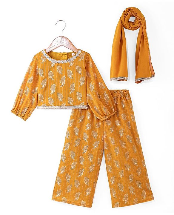 Babyhug Georgette Woven Full Sleeves Leaves Printed Sequined Embroidered  Top & Palazzo Set with Dupatta - Mustard