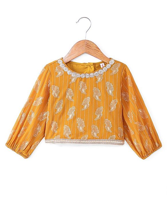 Babyhug Georgette Woven Full Sleeves Leaves Printed Sequined Embroidered  Top & Palazzo Set with Dupatta - Mustard
