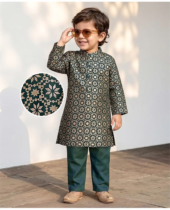 Babyhug Woven Full Sleeves Floral Foil Printed Kurta Pyjama Set - Dark Green