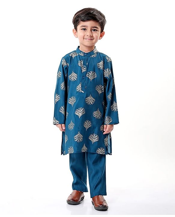 Babyhug Woven Full Sleeves Foil  Printed Kurta Pyjama Set - Teal