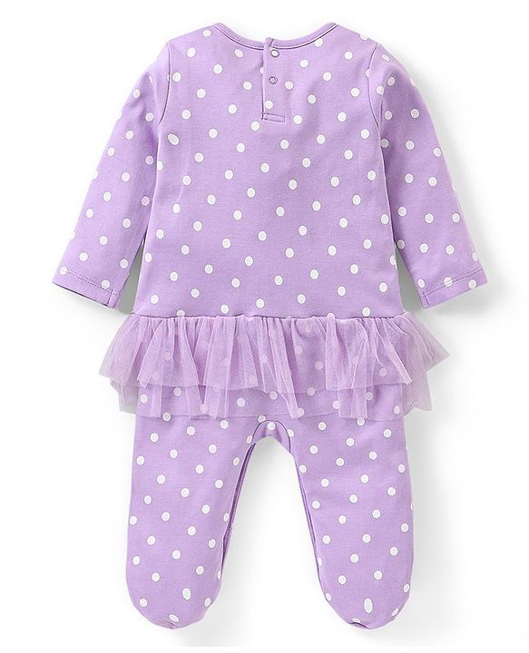 Babyhug Cotton Full Sleeves Lace Embellished Sleepsuit With Polka Dots Print - Lavender