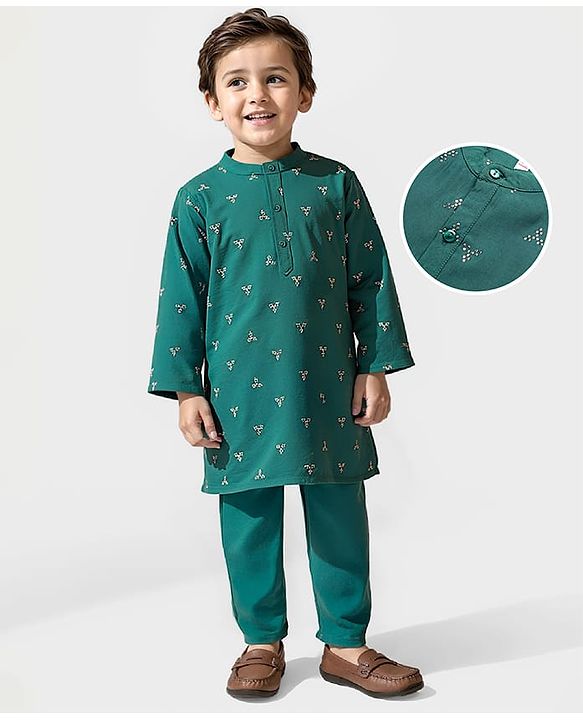 Babyhug Woven  Full Sleeves Sequinned Kurta Pyjama Set - Green