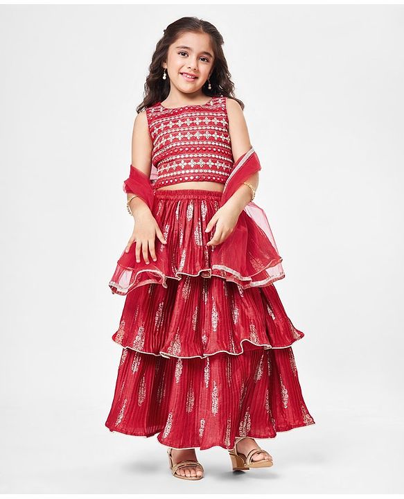 Babyhug Sleeveless Embroidered Choli & Tiered Lehenga Set with Dupatta - Red