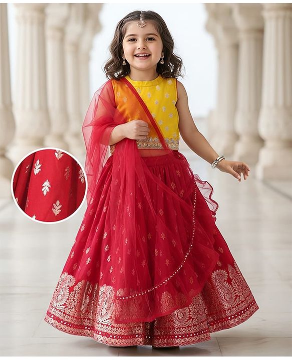 Babyhug Sleeveless  Brocade Choli Lehenga & Dupatta Set - Yellow & Red
