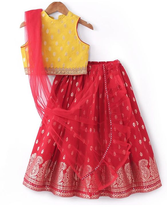 Babyhug Sleeveless  Brocade Choli Lehenga & Dupatta Set - Yellow & Red