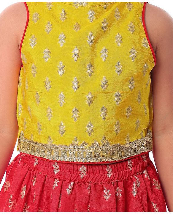 Babyhug Sleeveless  Brocade Choli Lehenga & Dupatta Set - Yellow & Red