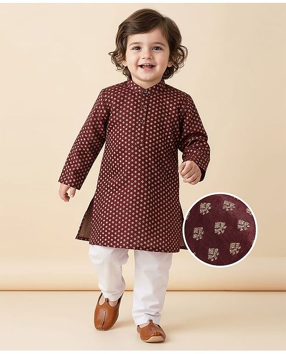 Babyhug Cotton Woven Full Sleeves Kurta & Pyjama Set With Floral Foil Print - Wine