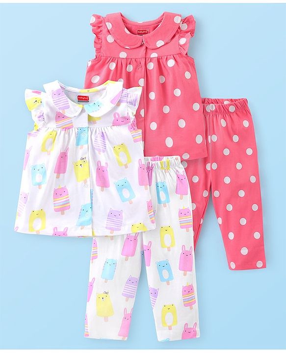 Babyhug Cotton Knit Frill Sleeves Peter Pan Collared Night Suit With Polka Dot Print Pack of 2- Pink & White