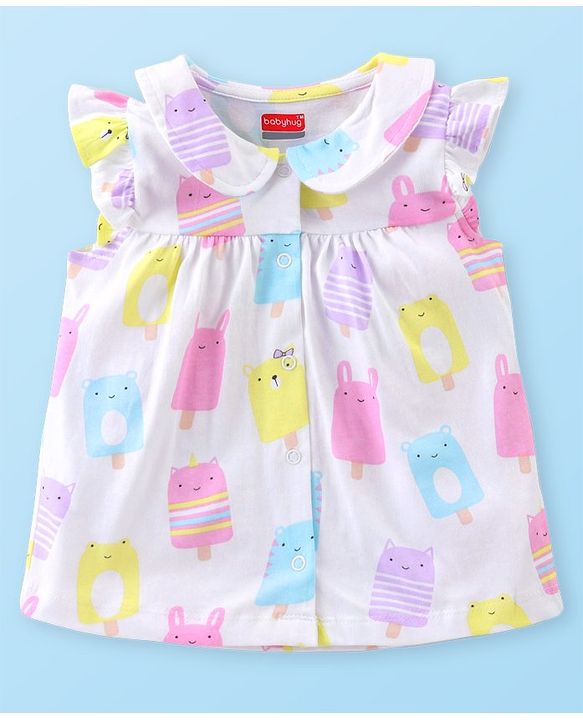 Babyhug Cotton Knit Frill Sleeves Peter Pan Collared Night Suit With Polka Dot Print Pack of 2- Pink & White