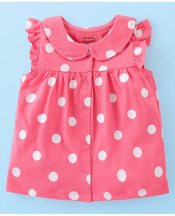 Babyhug Cotton Knit Frill Sleeves Peter Pan Collared Night Suit With Polka Dot Print Pack of 2- Pink & White